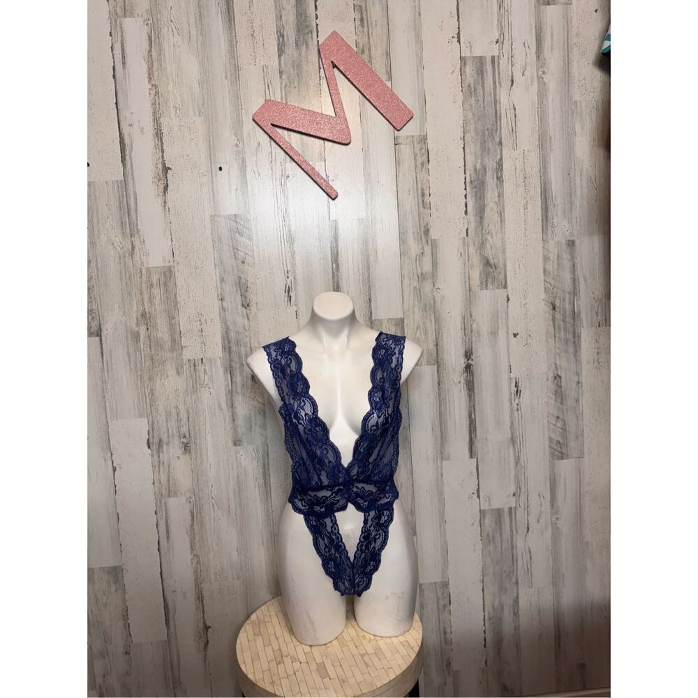 Avidlove Blue Lace Teddy Bodysuit Sheer Deep V Lingerie Open Back Size M